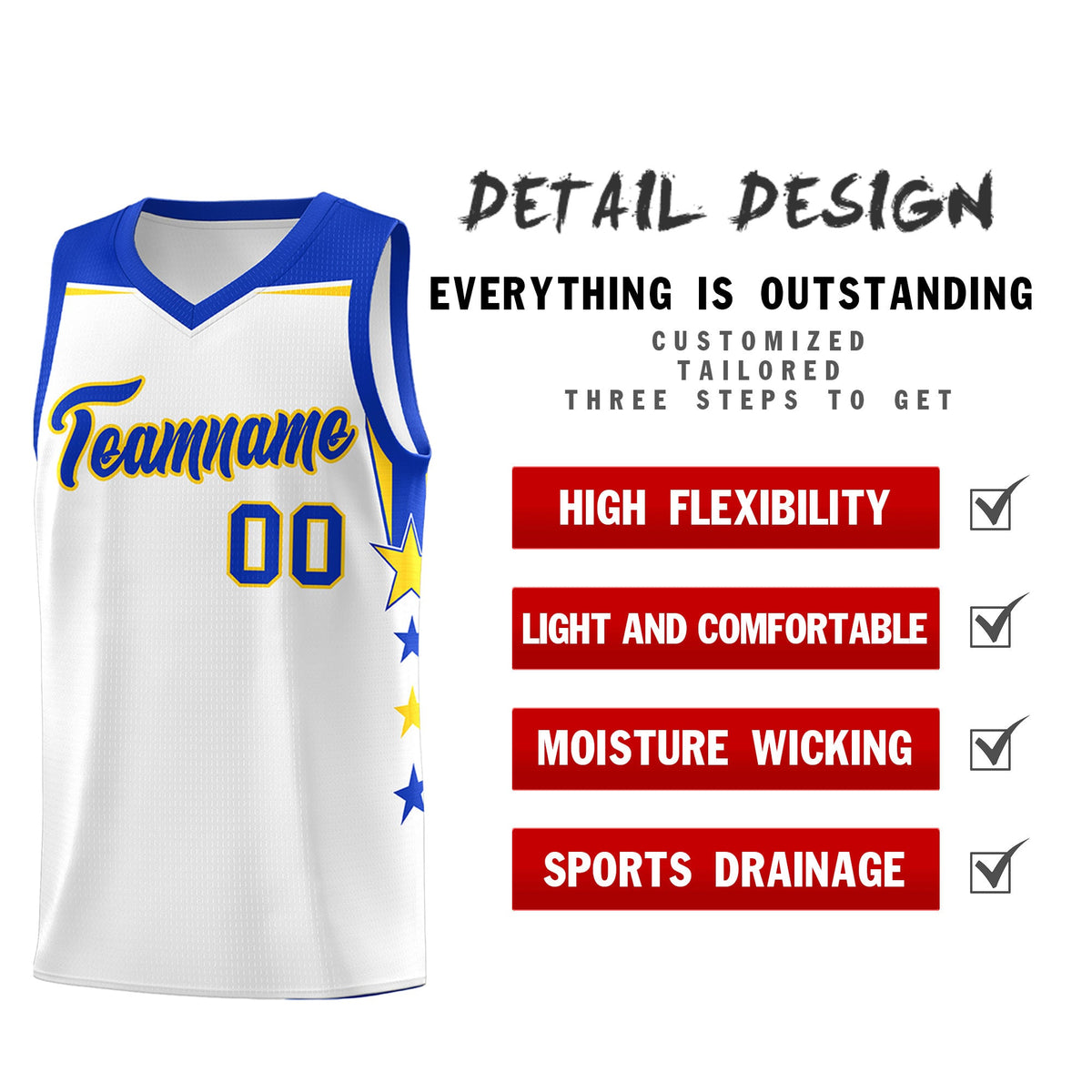 Custom Youth Basketball Uniform White Royal Two Tone Side Star Color Block Team Jersey