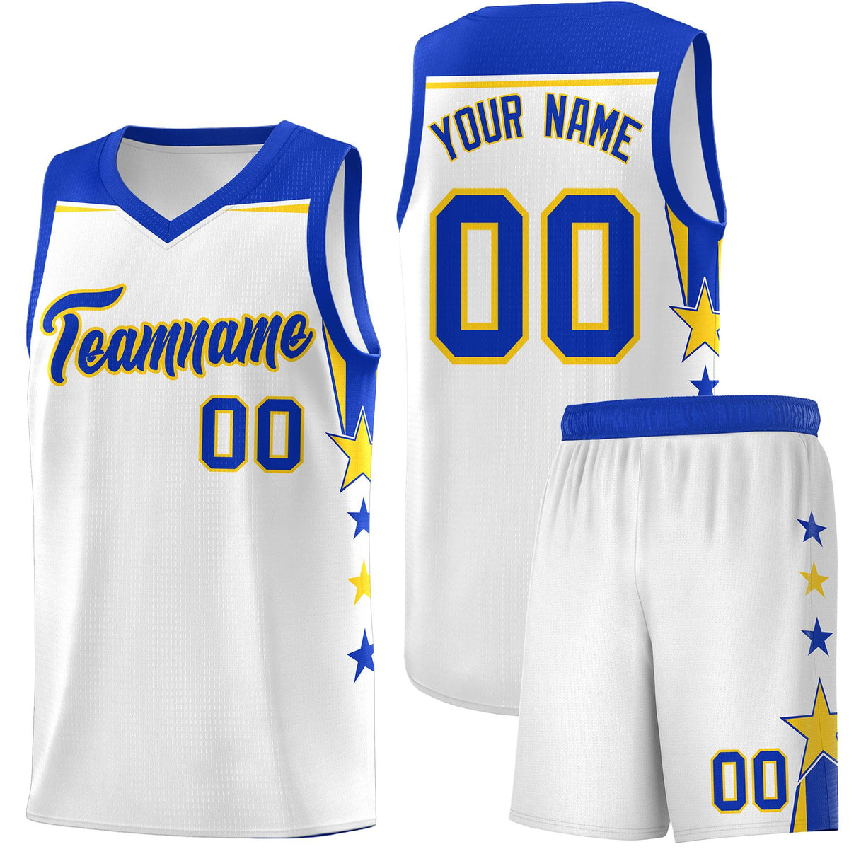 Custom Youth Basketball Uniform White Royal Two Tone Side Star Color Block Team Jersey