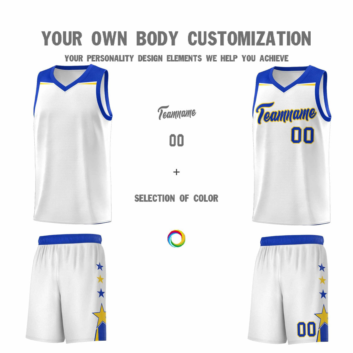 Custom Youth Basketball Uniform White Royal Two Tone Side Star Color Block Team Jersey