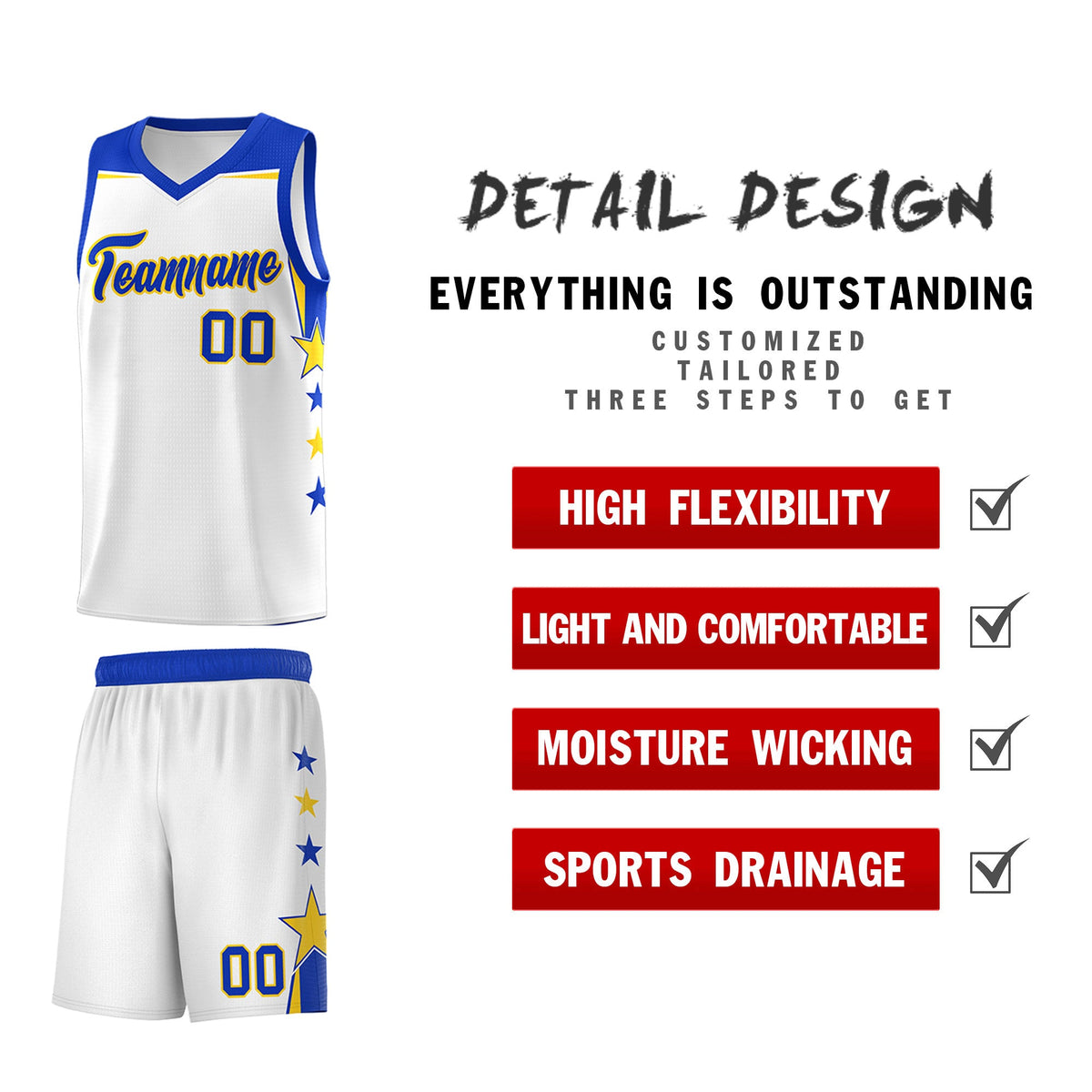 Custom Youth Basketball Uniform White Royal Two Tone Side Star Color Block Team Jersey