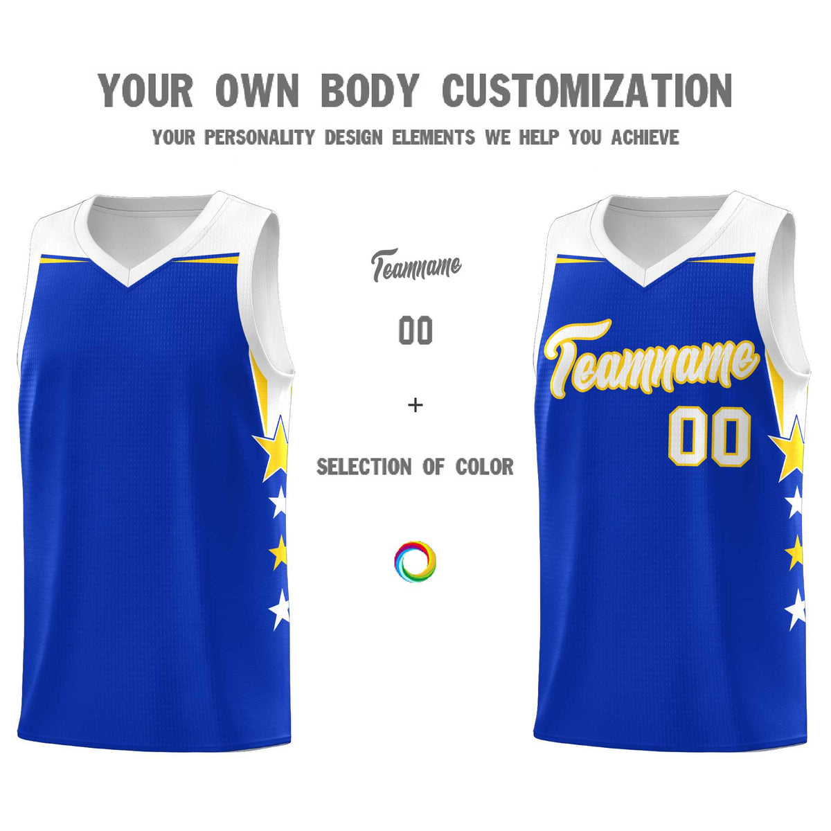 Custom Youth Basketball Uniform Royal White Two Tone Side Star Add Name Number &amp; Logo