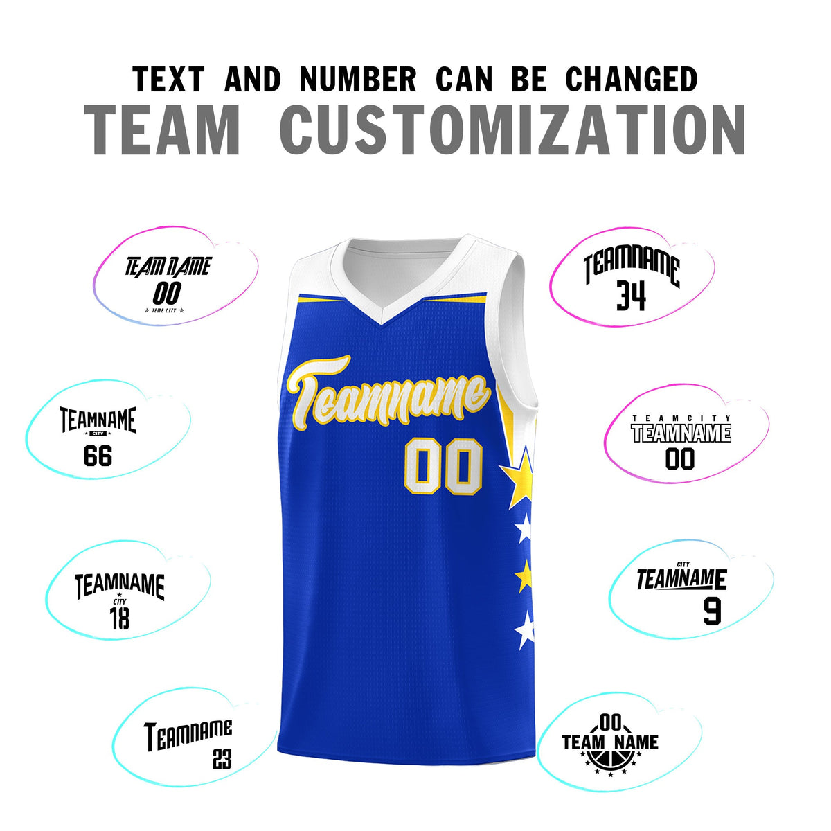 Custom Youth Basketball Uniform Royal White Two Tone Side Star Add Name Number &amp; Logo