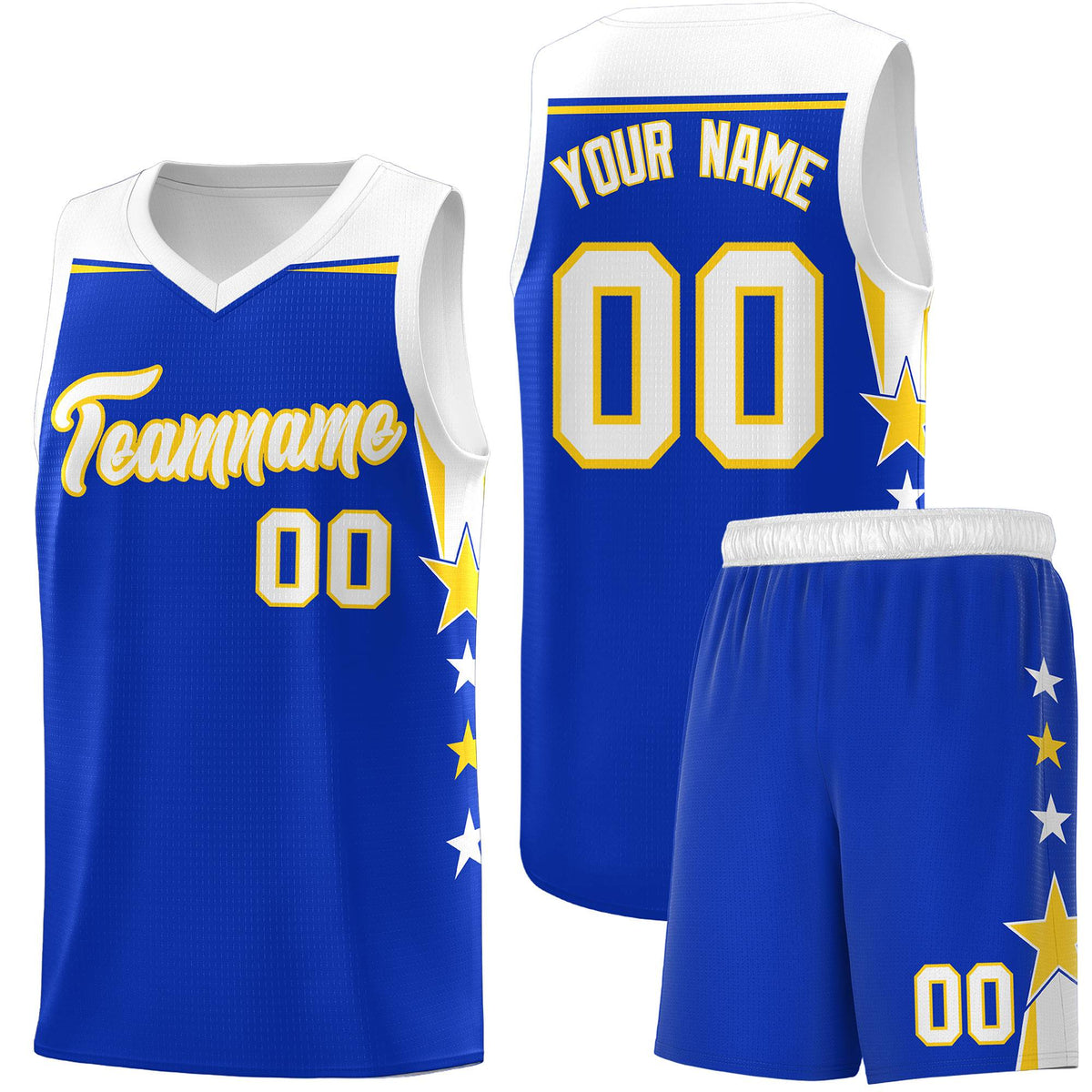 Custom Youth Basketball Uniform Royal White Two Tone Side Star Add Name Number &amp; Logo