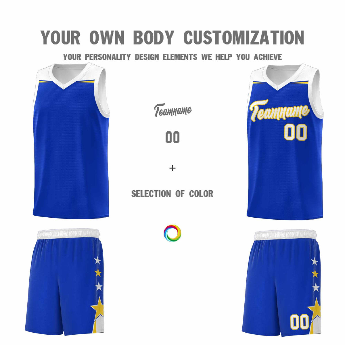 Custom Youth Basketball Uniform Royal White Two Tone Side Star Add Name Number &amp; Logo