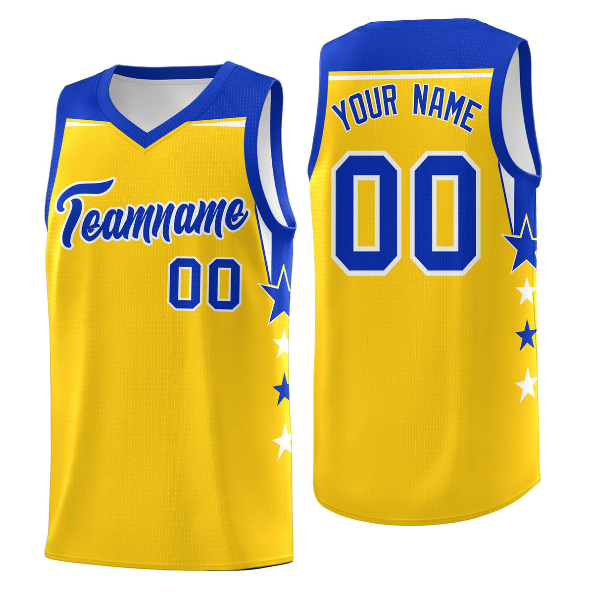 Custom Youth Basketball Uniform Gold Royal Two Tone Side Star Personalized Team Jersey
