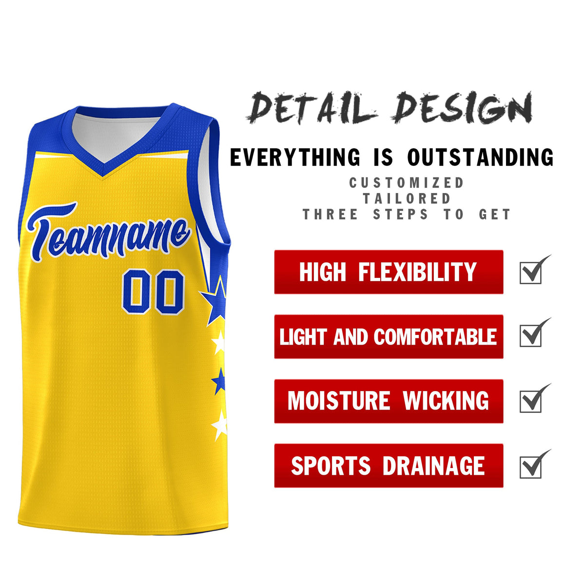 Custom Youth Basketball Uniform Gold Royal Two Tone Side Star Personalized Team Jersey