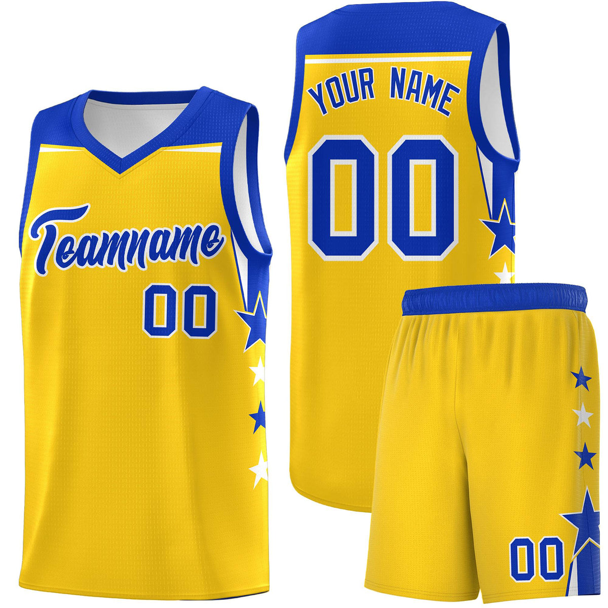 Custom Youth Basketball Uniform Gold Royal Two Tone Side Star Personalized Team Jersey