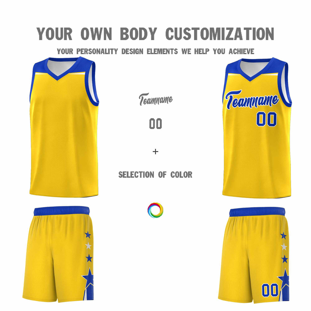 Custom Youth Basketball Uniform Gold Royal Two Tone Side Star Personalized Team Jersey