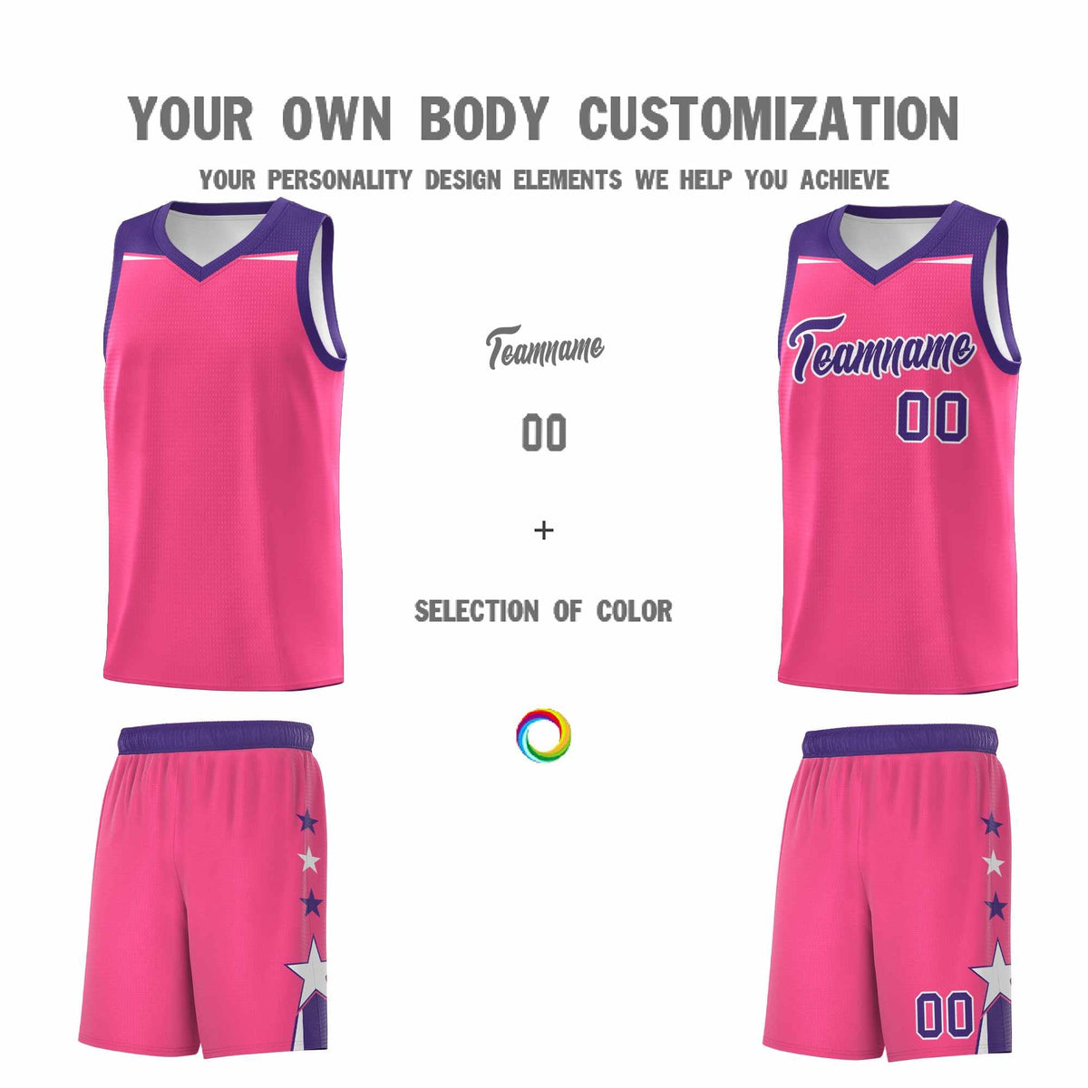 Custom Youth Basketball Uniform Pink Purple Two Tone Side Star Add Name Number & Logo