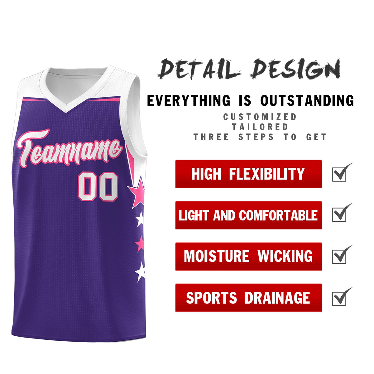 Custom Youth Basketball Uniform Purple White Two Tone Side Star Personalized Team Jersey