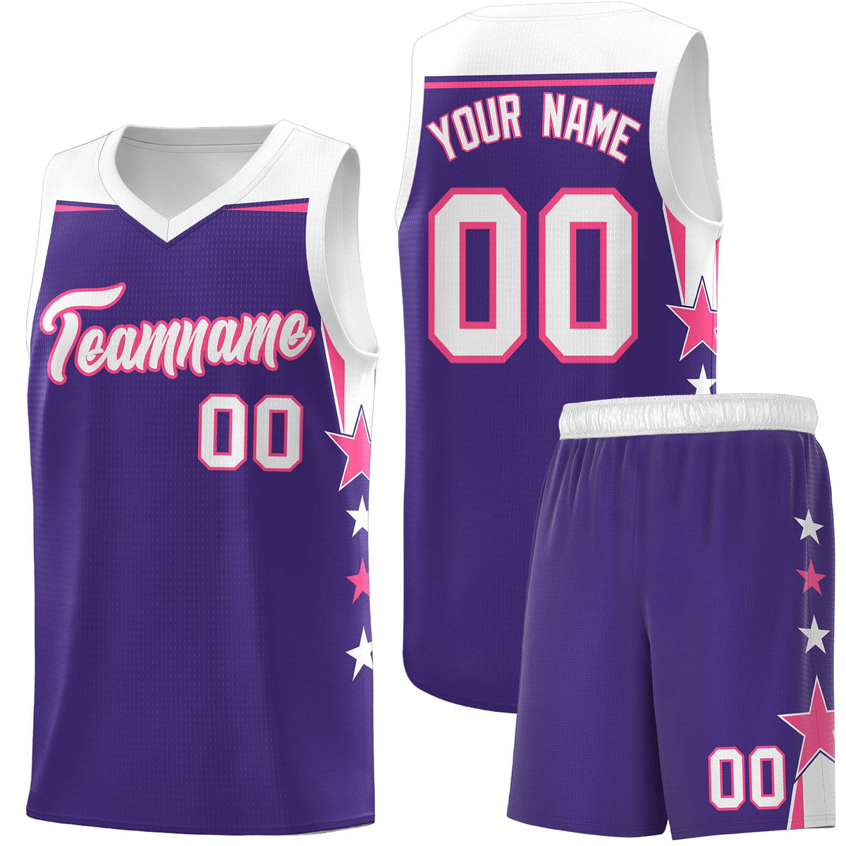 Custom Youth Basketball Uniform Purple White Two Tone Side Star Personalized Team Jersey