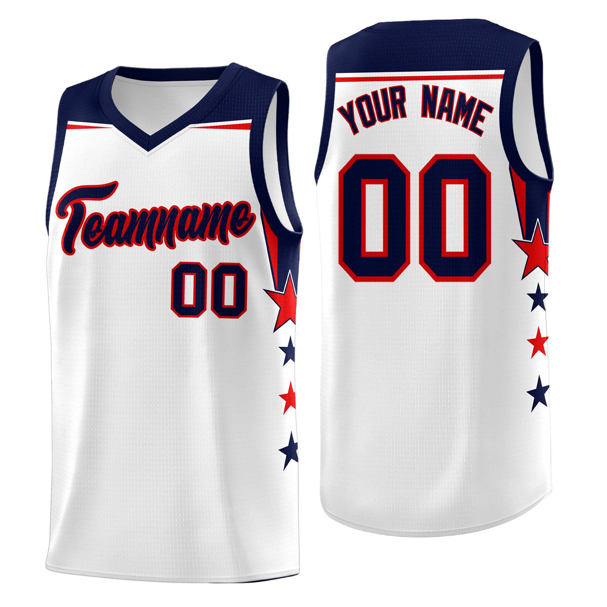 Custom Youth Basketball Uniform White Navy Two Tone Side Star Color Block Team Jersey