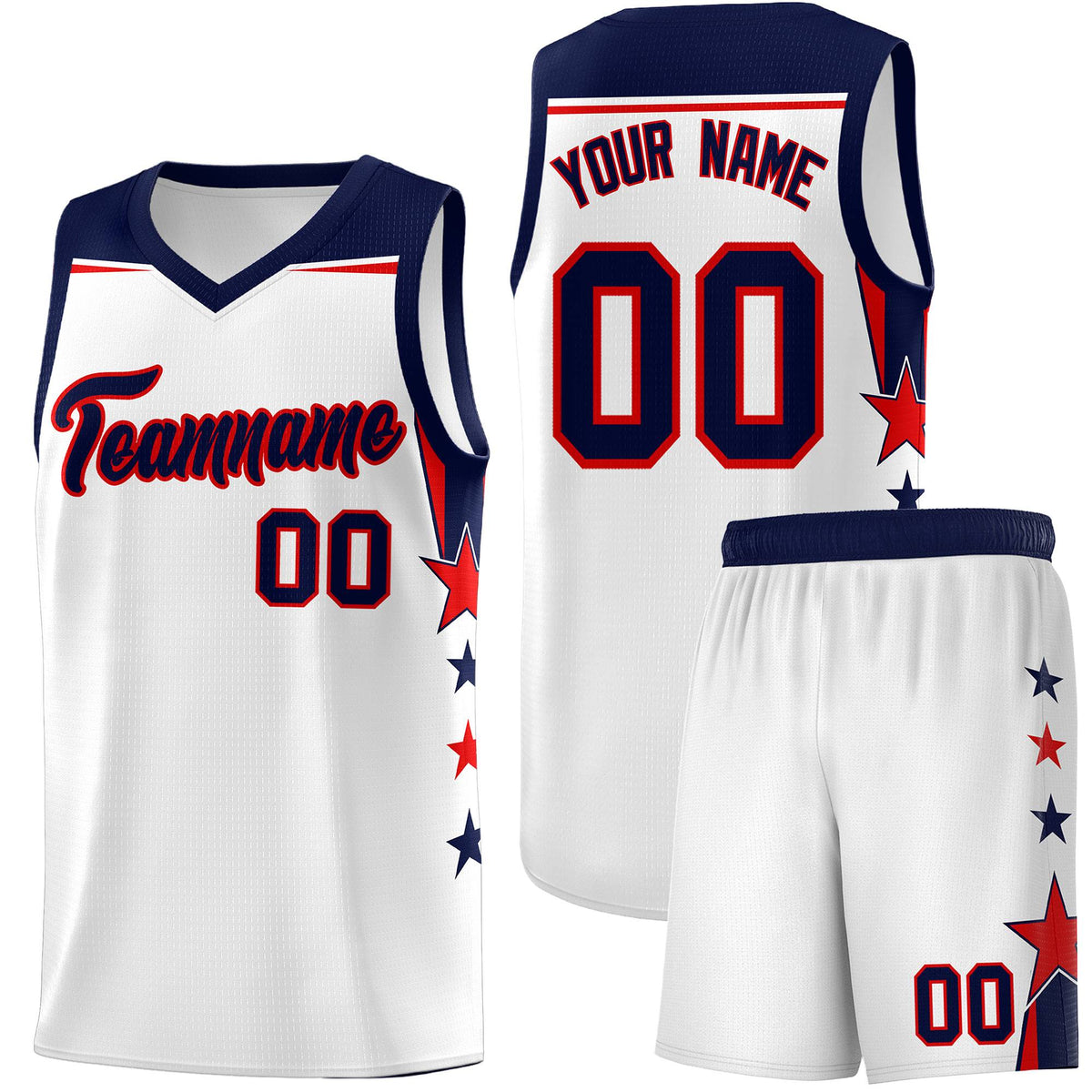 Custom Youth Basketball Uniform White Navy Two Tone Side Star Color Block Team Jersey