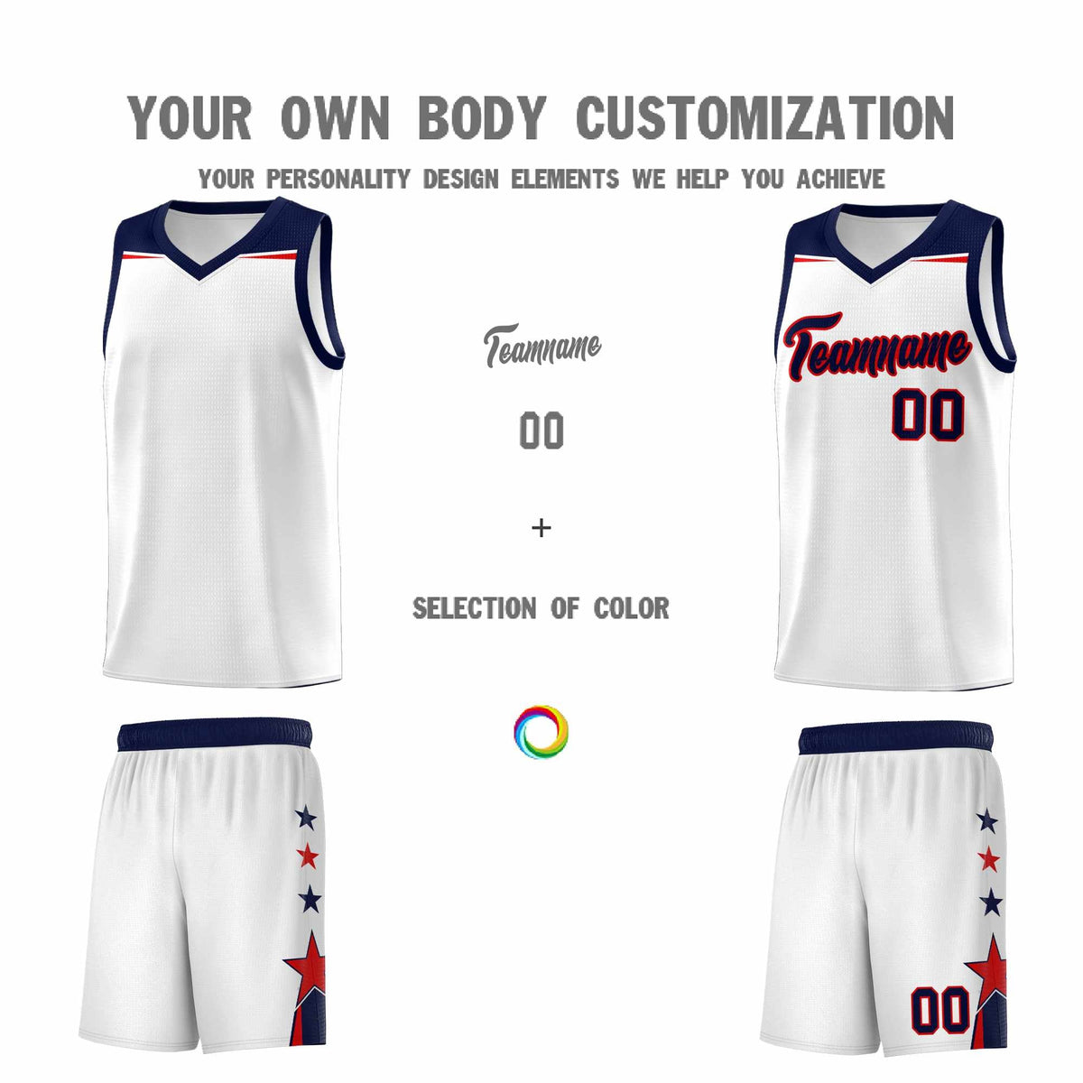 Custom Youth Basketball Uniform White Navy Two Tone Side Star Color Block Team Jersey