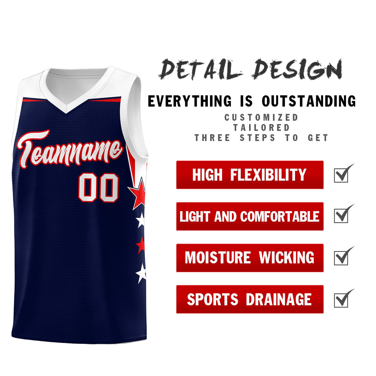 Custom Youth Basketball Uniform Navy White Two Tone Side Star Add Name Number &amp; Logo