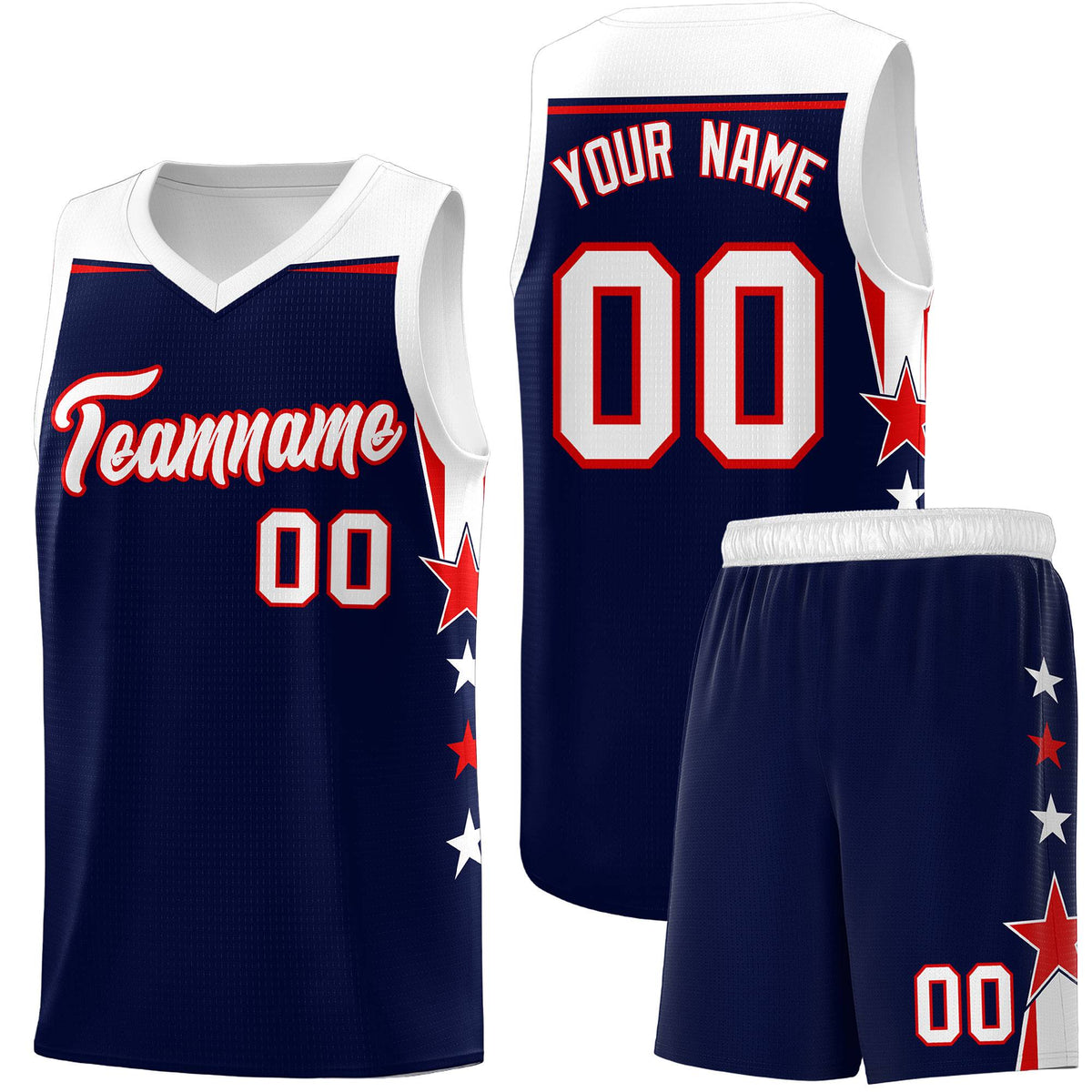 Custom Youth Basketball Uniform Navy White Two Tone Side Star Add Name Number &amp; Logo