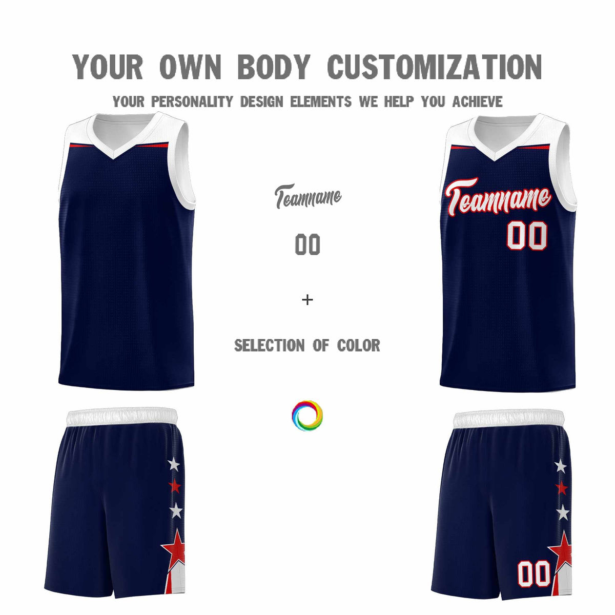 Custom Youth Basketball Uniform Navy White Two Tone Side Star Add Name Number &amp; Logo