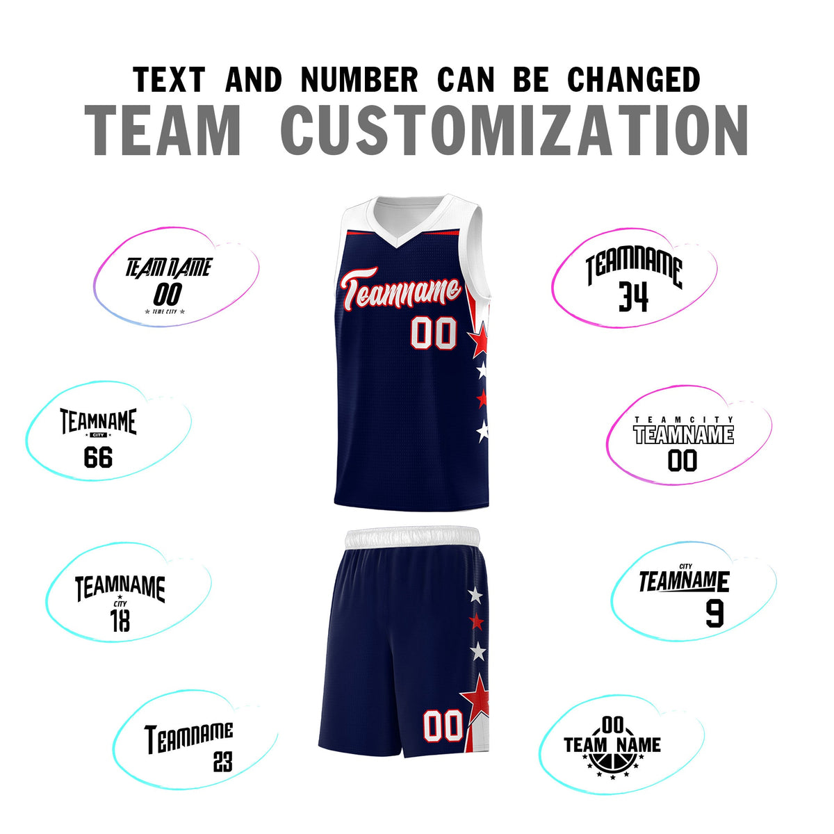 Custom Youth Basketball Uniform Navy White Two Tone Side Star Add Name Number &amp; Logo