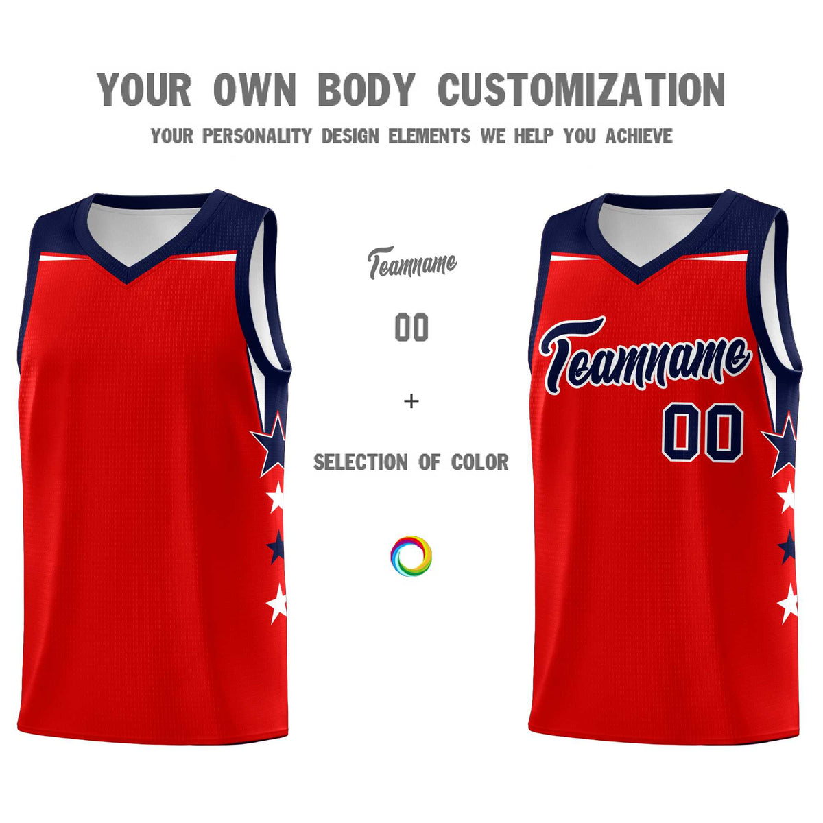 Custom Youth Basketball Uniform Red Navy Two Tone Side Star Personalized Team Jersey