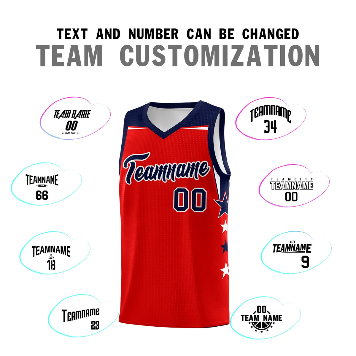Custom Youth Basketball Uniform Red Navy Two Tone Side Star Personalized Team Jersey