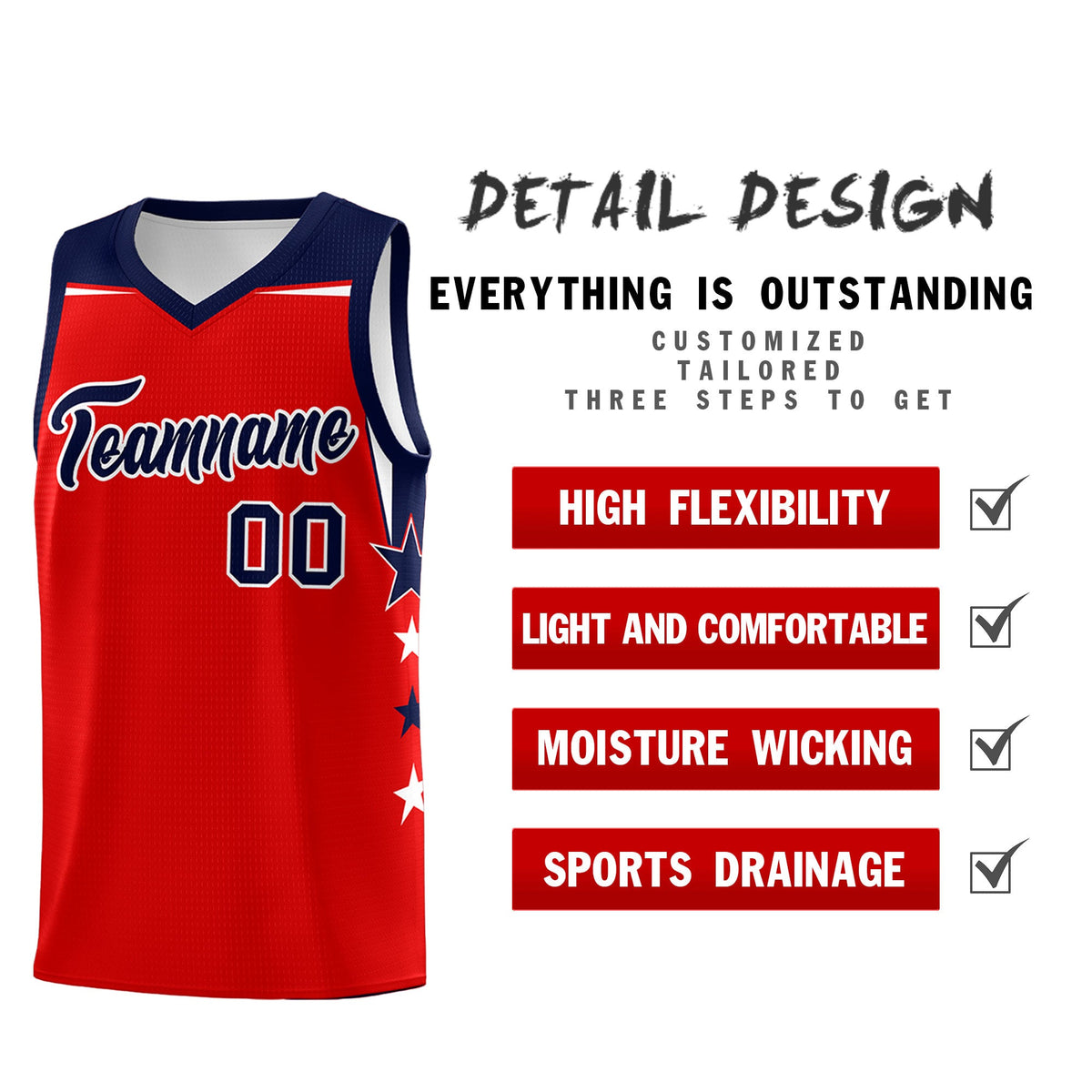 Custom Youth Basketball Uniform Red Navy Two Tone Side Star Personalized Team Jersey