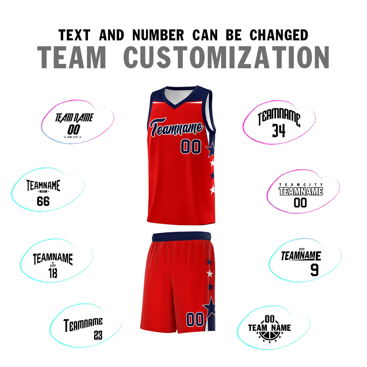 Custom Youth Basketball Uniform Red Navy Two Tone Side Star Personalized Team Jersey