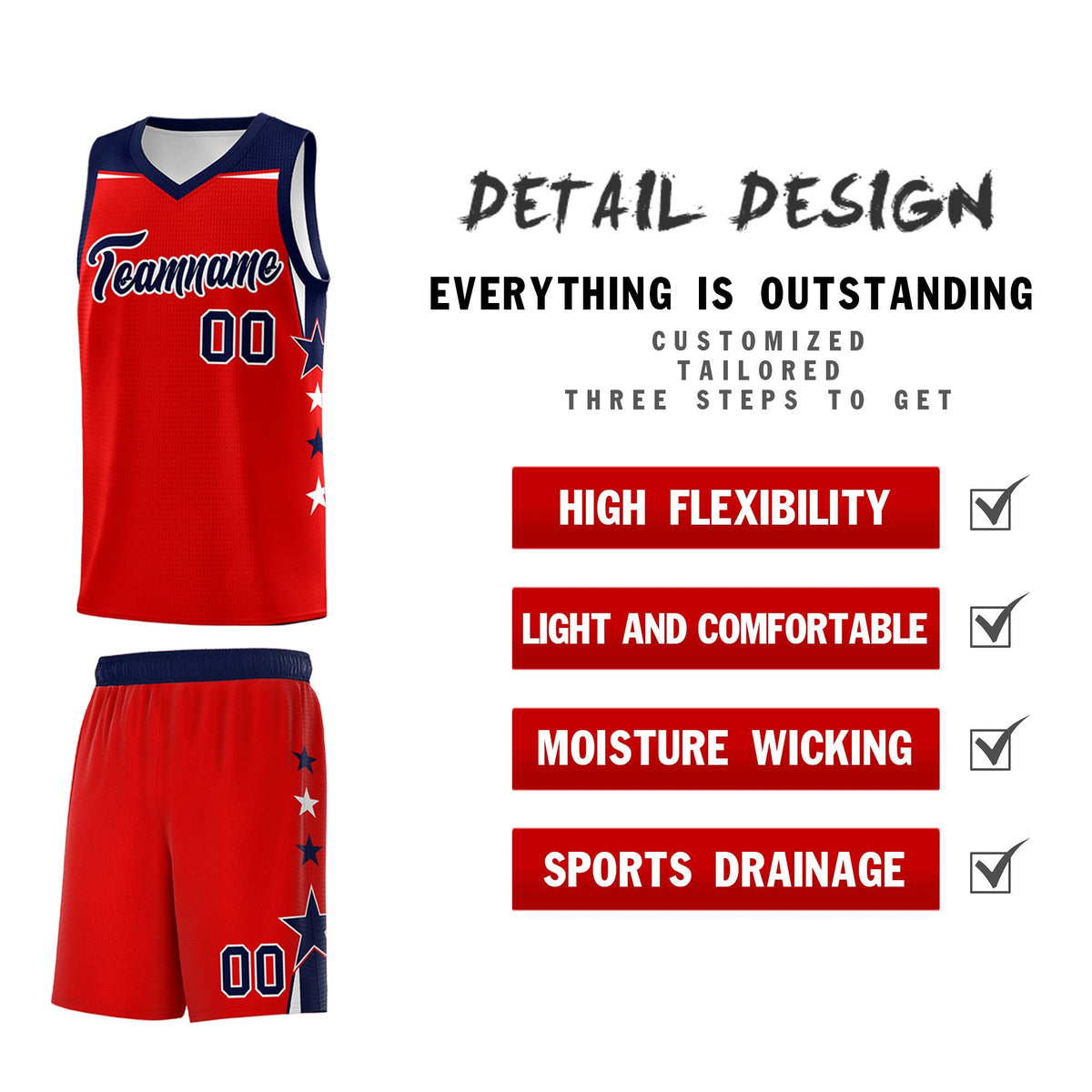 Custom Youth Basketball Uniform Red Navy Two Tone Side Star Personalized Team Jersey
