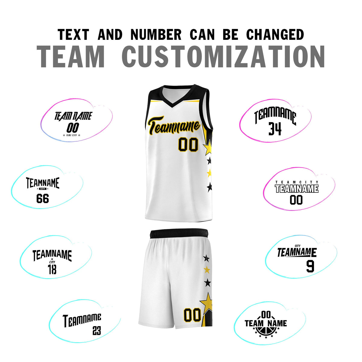 Custom Youth Basketball Uniform White Black Two Tone Side Star Color Block Team Jersey