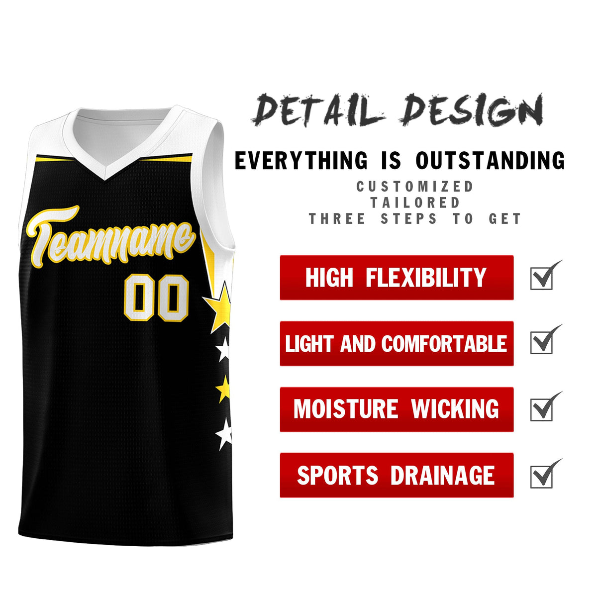 Custom Youth Basketball Uniform Black White Two Tone Side Star Add Name Number &amp; Logo