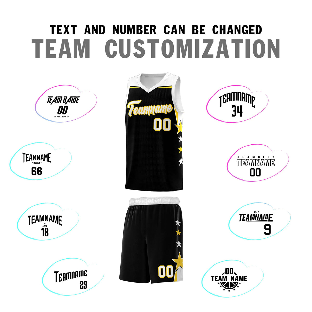 Custom Youth Basketball Uniform Black White Two Tone Side Star Add Name Number &amp; Logo