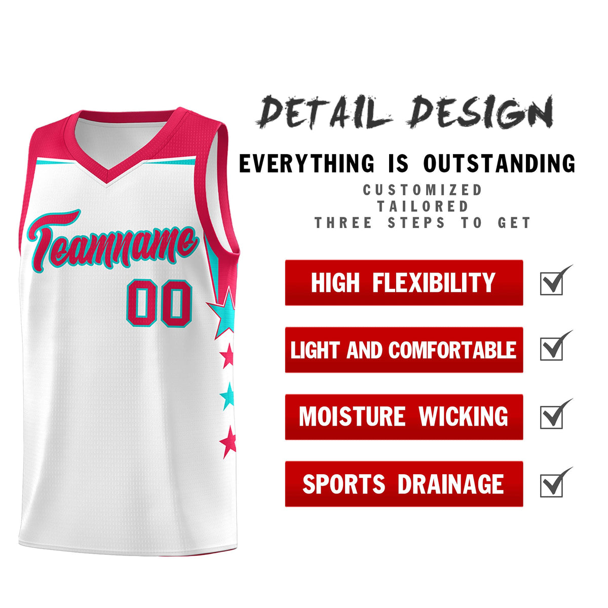 Custom Youth Basketball Uniform White Red Two Tone Side Star Color Block Team Jersey