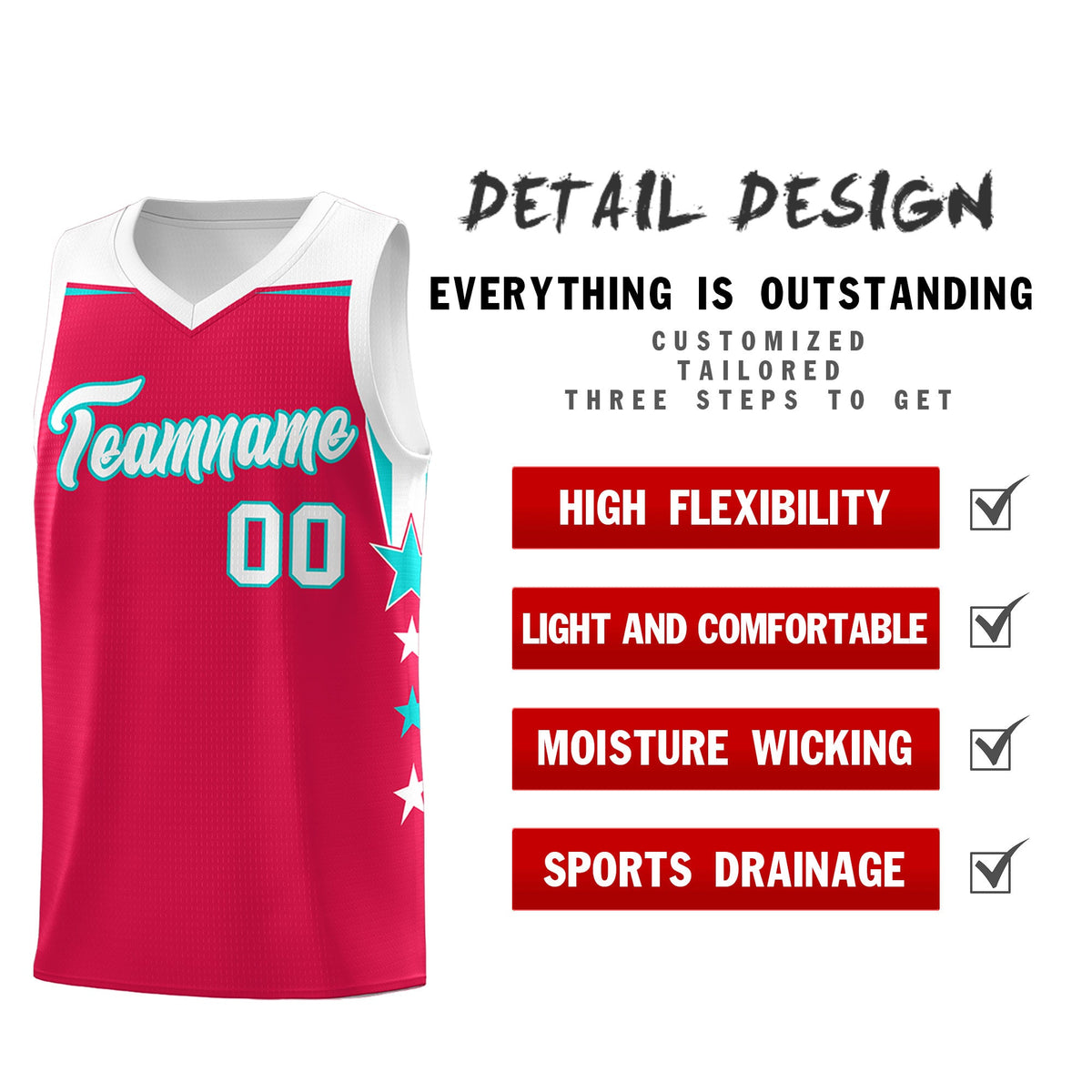 Custom Youth Basketball Uniform Red White Two Tone Side Star Add Name Number &amp; Logo