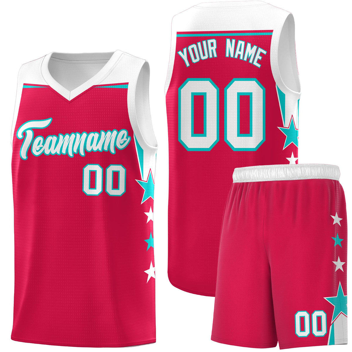 Custom Youth Basketball Uniform Red White Two Tone Side Star Add Name Number &amp; Logo