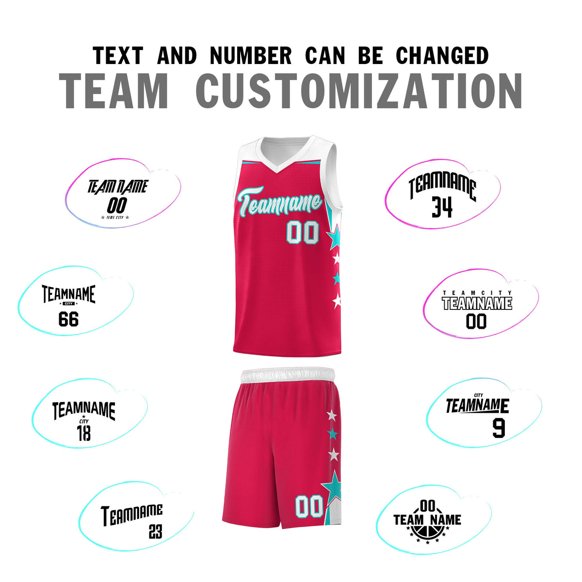 Custom Youth Basketball Uniform Red White Two Tone Side Star Add Name Number &amp; Logo