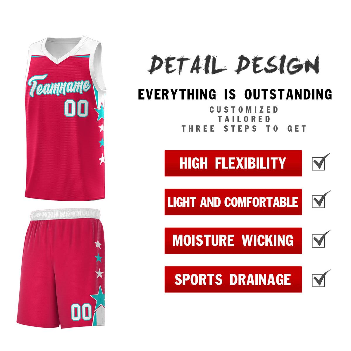 Custom Youth Basketball Uniform Red White Two Tone Side Star Add Name Number &amp; Logo