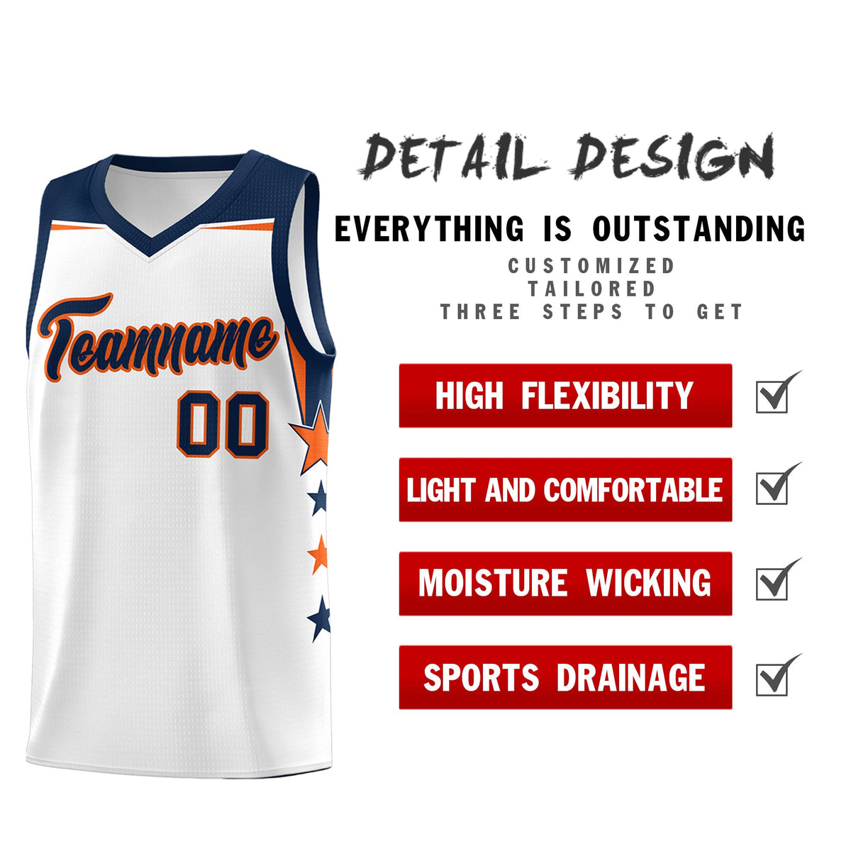 Custom Youth Basketball Uniform White Navy Two Tone Side Star Color Block Team Jersey