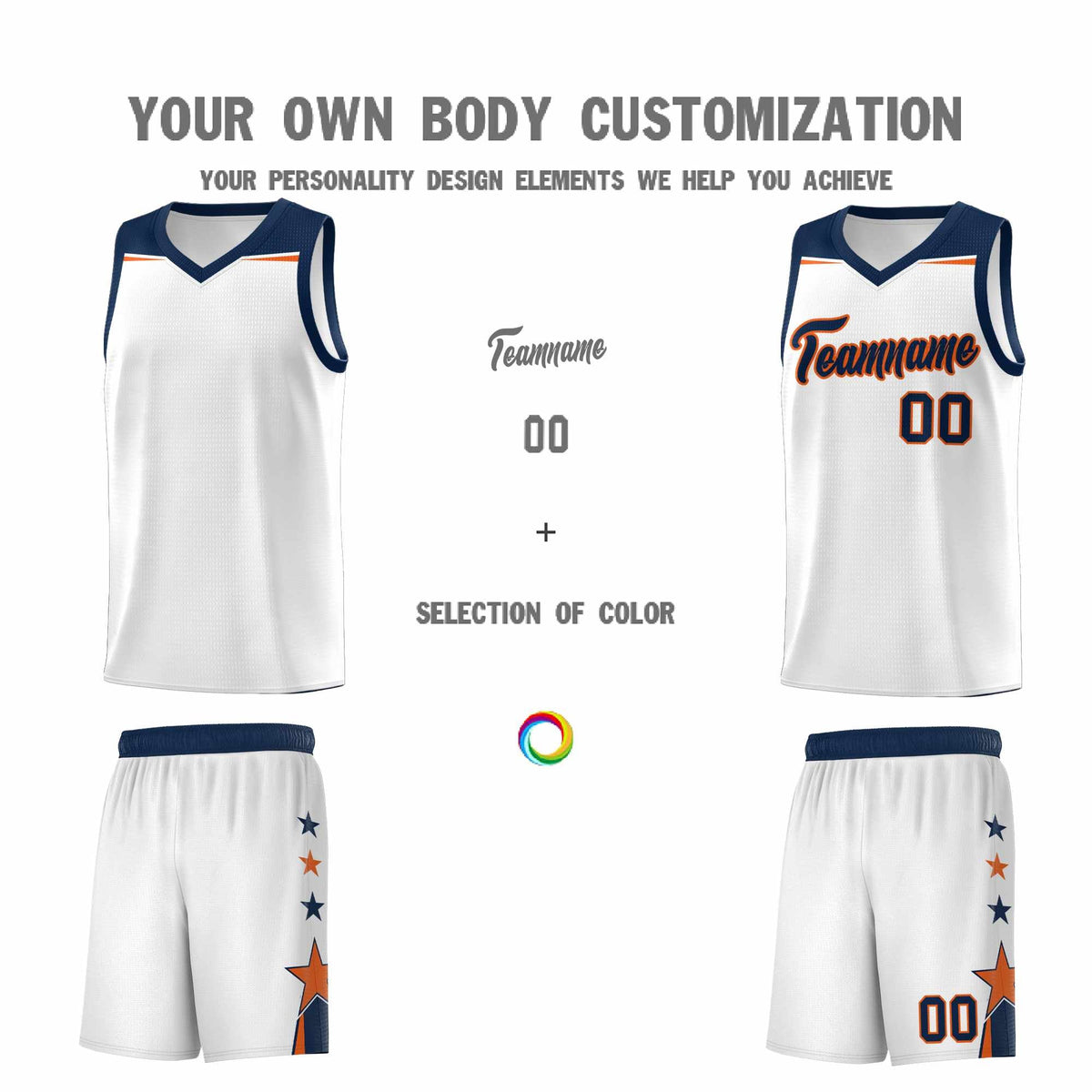 Custom Youth Basketball Uniform White Navy Two Tone Side Star Color Block Team Jersey