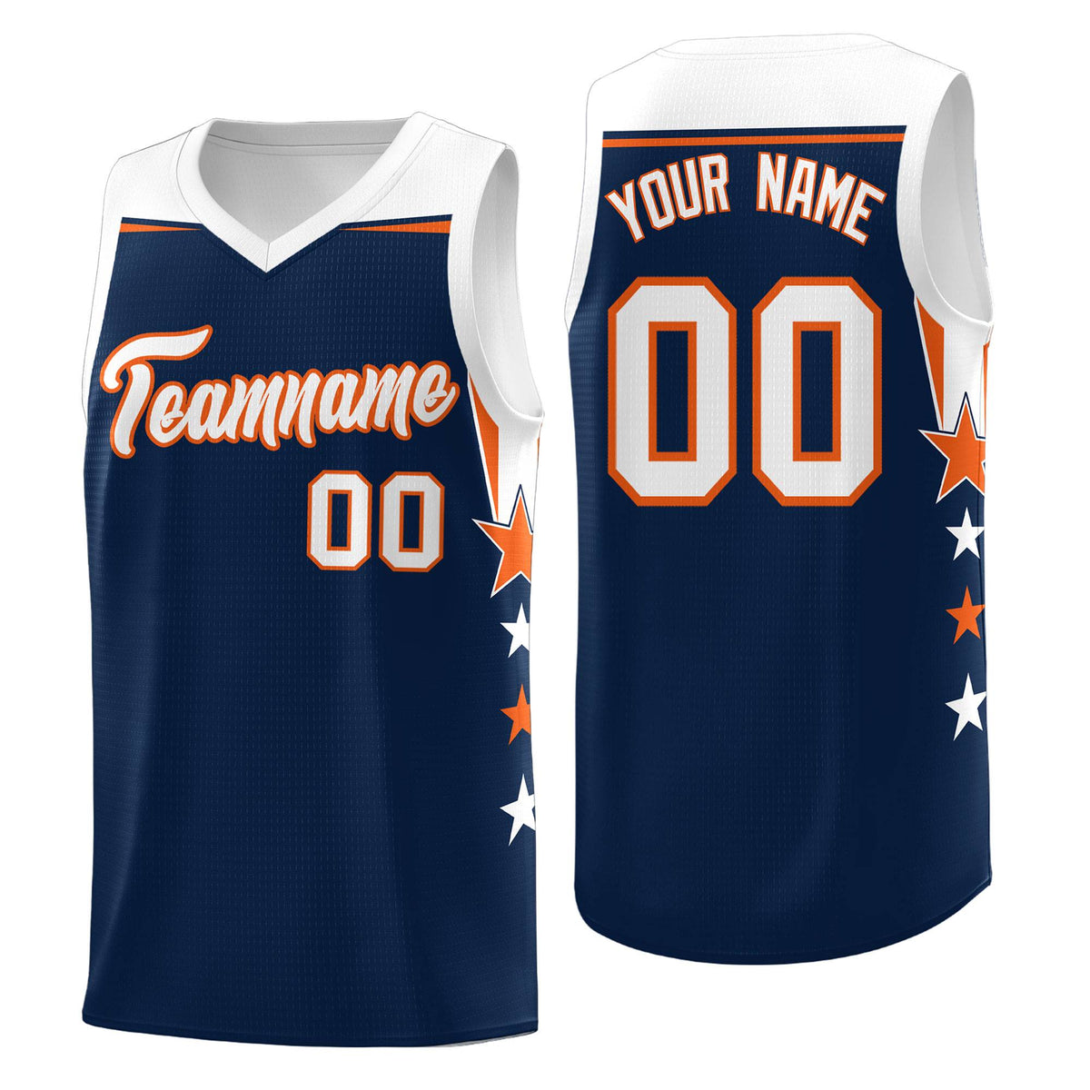 Custom Youth Basketball Uniform Navy White Two Tone Side Star Add Name Number &amp; Logo