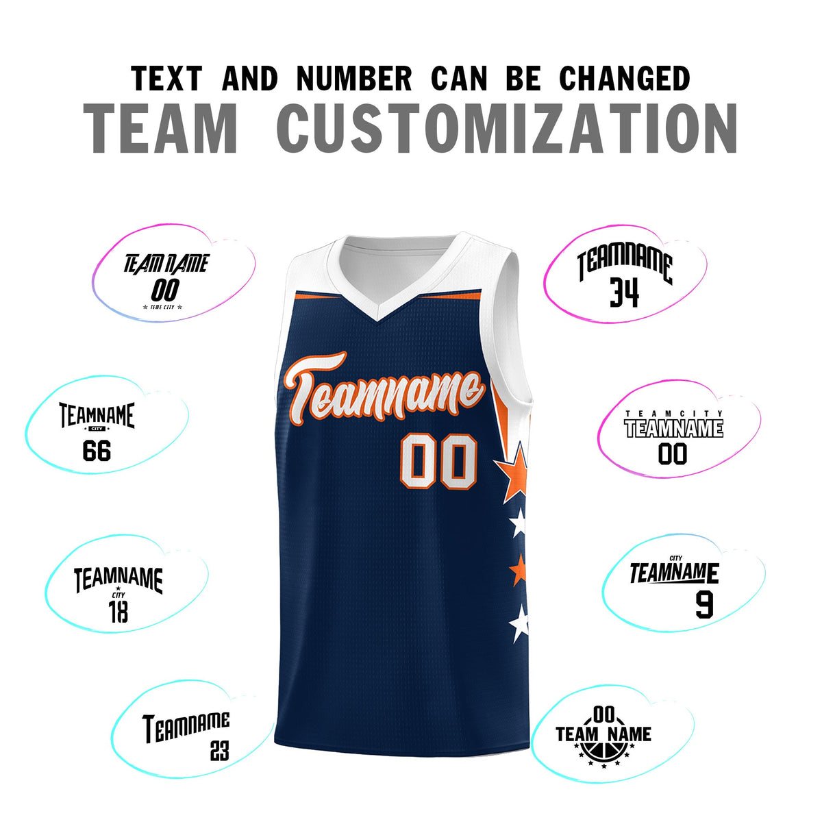 Custom Youth Basketball Uniform Navy White Two Tone Side Star Add Name Number &amp; Logo