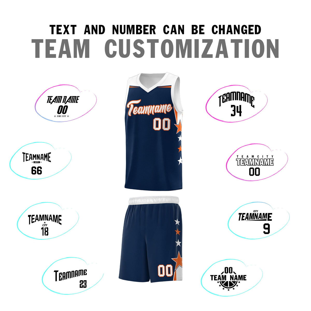 Custom Youth Basketball Uniform Navy White Two Tone Side Star Add Name Number &amp; Logo
