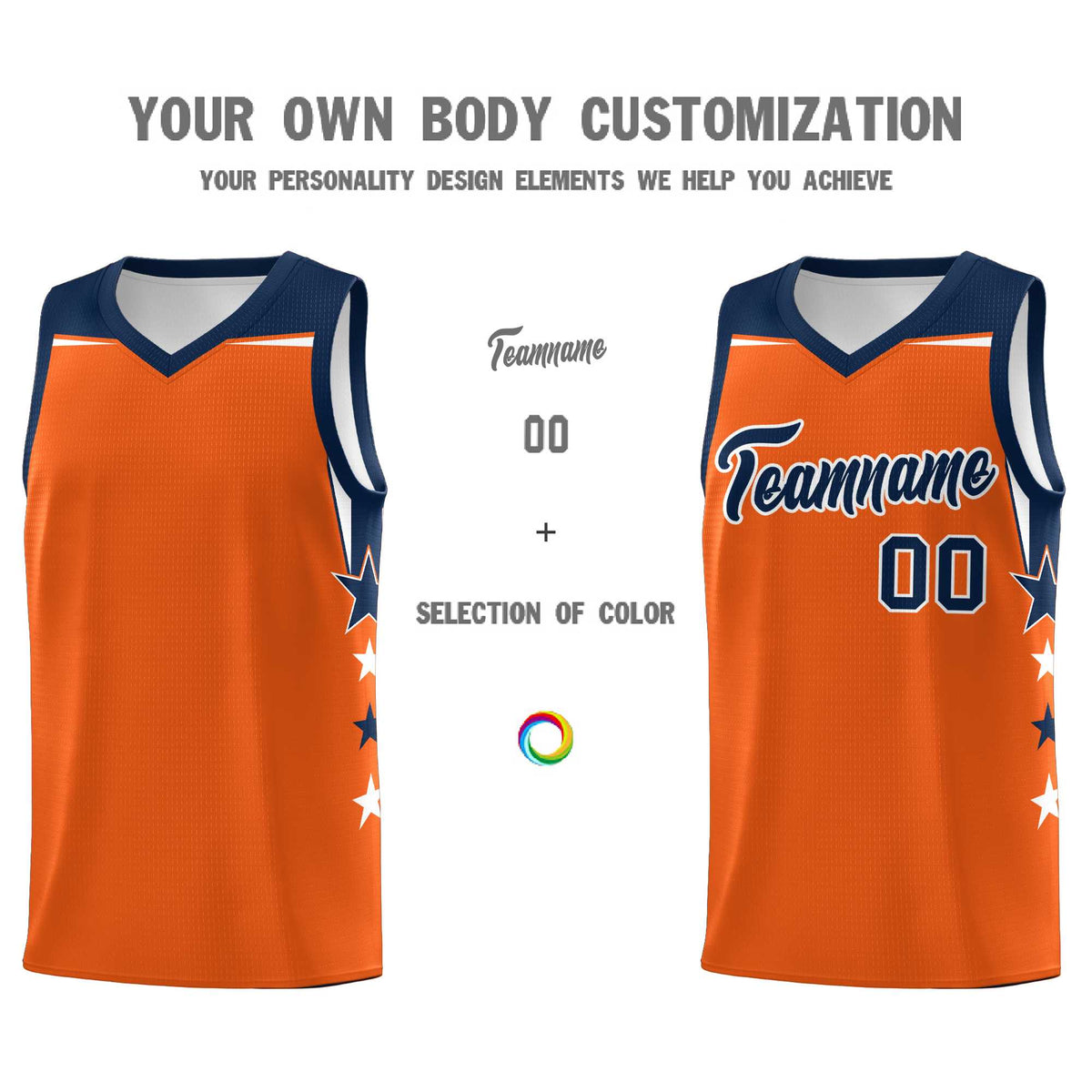 Custom Youth Basketball Uniform Orange Navy Two Tone Side Star Personalized Team Jersey