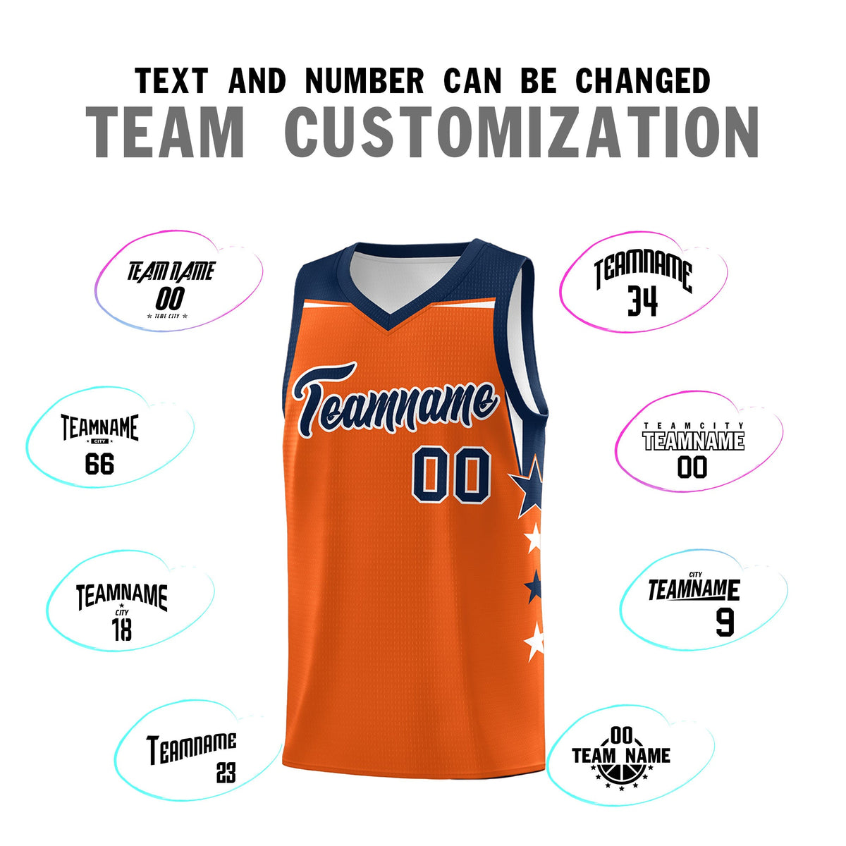 Custom Youth Basketball Uniform Orange Navy Two Tone Side Star Personalized Team Jersey