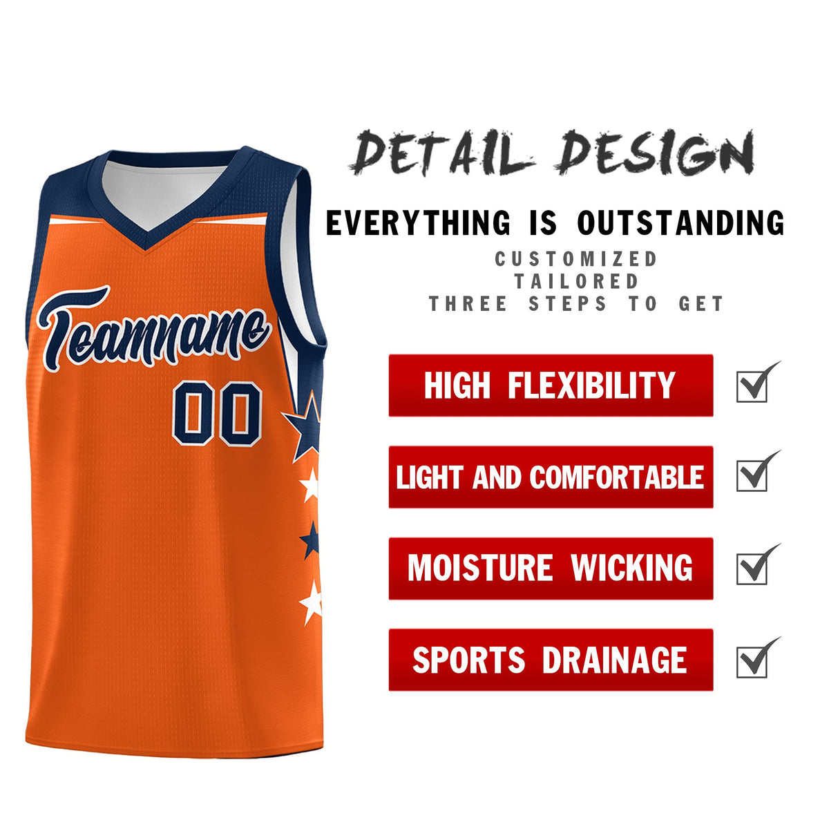 Custom Youth Basketball Uniform Orange Navy Two Tone Side Star Personalized Team Jersey