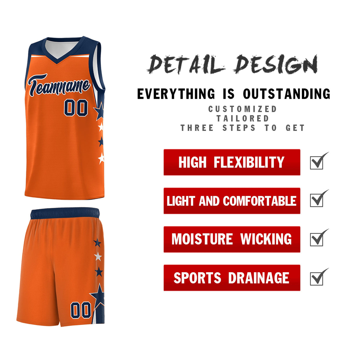 Custom Youth Basketball Uniform Orange Navy Two Tone Side Star Personalized Team Jersey