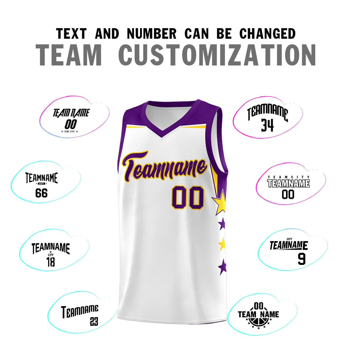 Custom Youth Basketball Uniform White Purple Two Tone Side Star Color Block Team Jersey