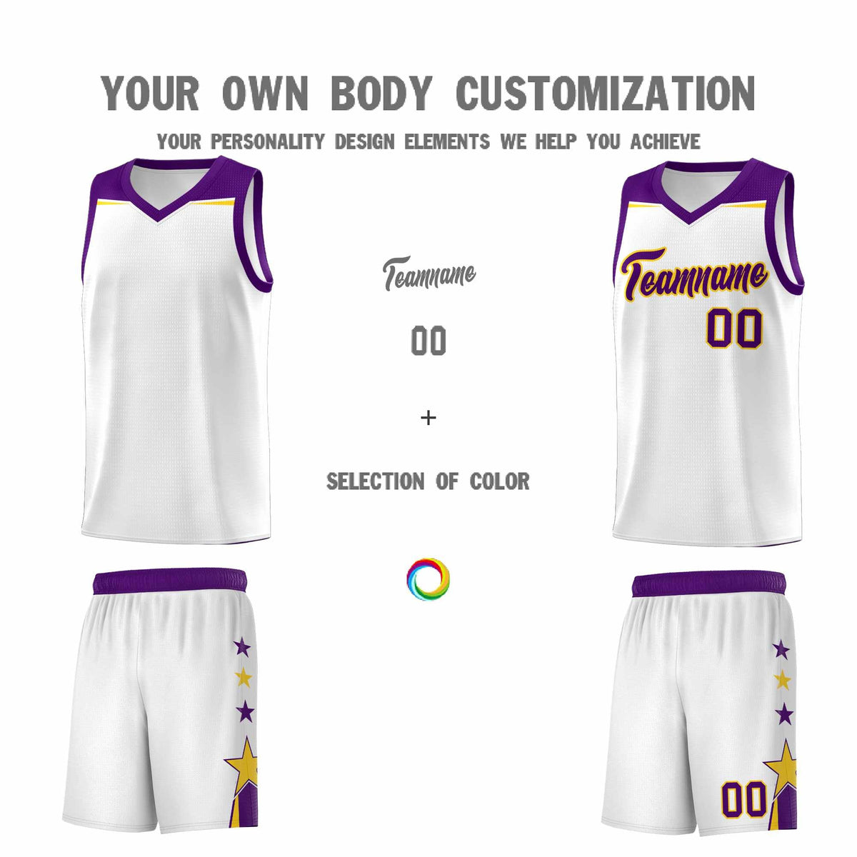 Custom Youth Basketball Uniform White Purple Two Tone Side Star Color Block Team Jersey