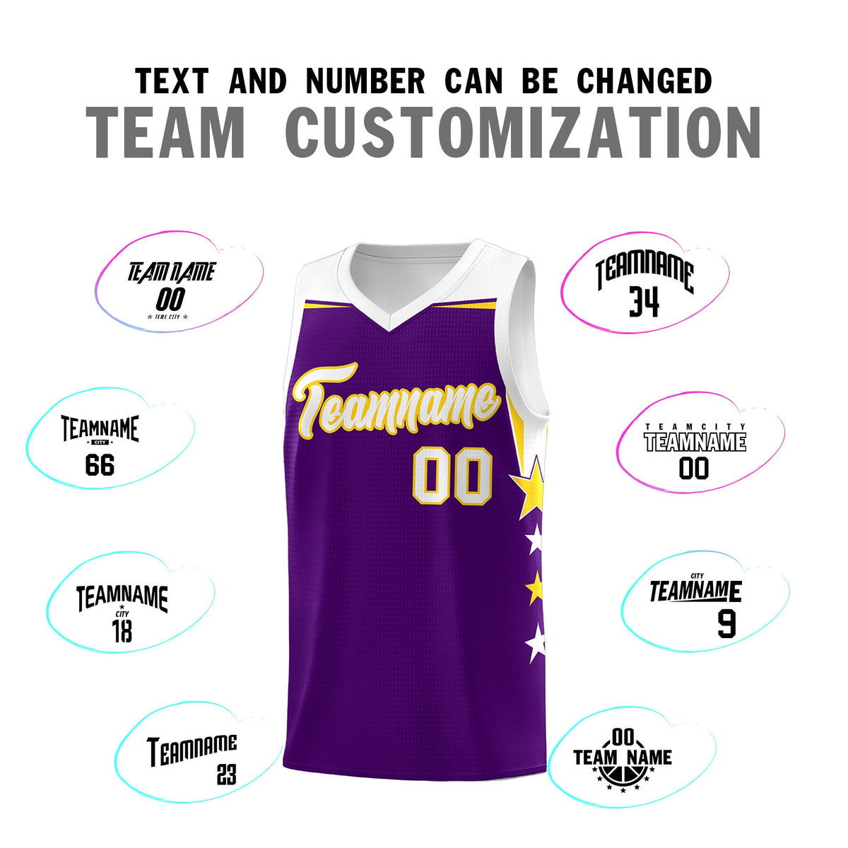 Custom Youth Basketball Uniform Purple White Two Tone Side Star Add Name Number &amp; Logo