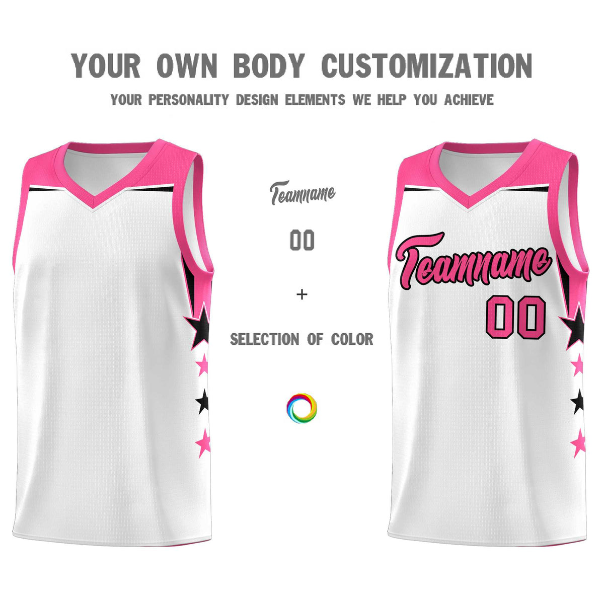 Custom Youth Basketball Uniform White Pink Two Tone Side Star Color Block Team Jersey