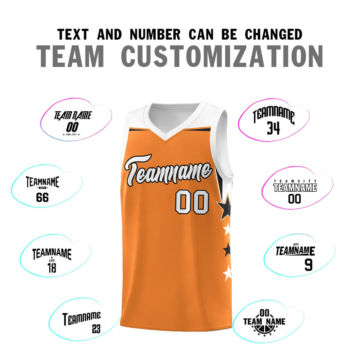 Custom Youth Basketball Uniform Gold Orange White Two Tone Side Star Add Name Number &amp; Logo