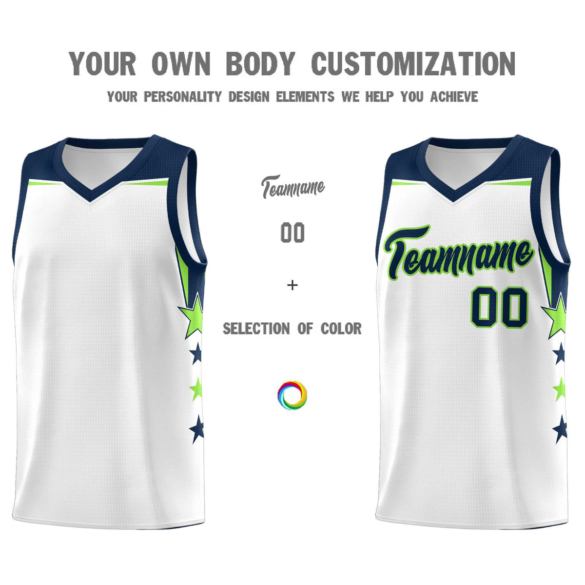 Custom Youth Basketball Uniform White Navy Two Tone Side Star Color Block Team Jersey